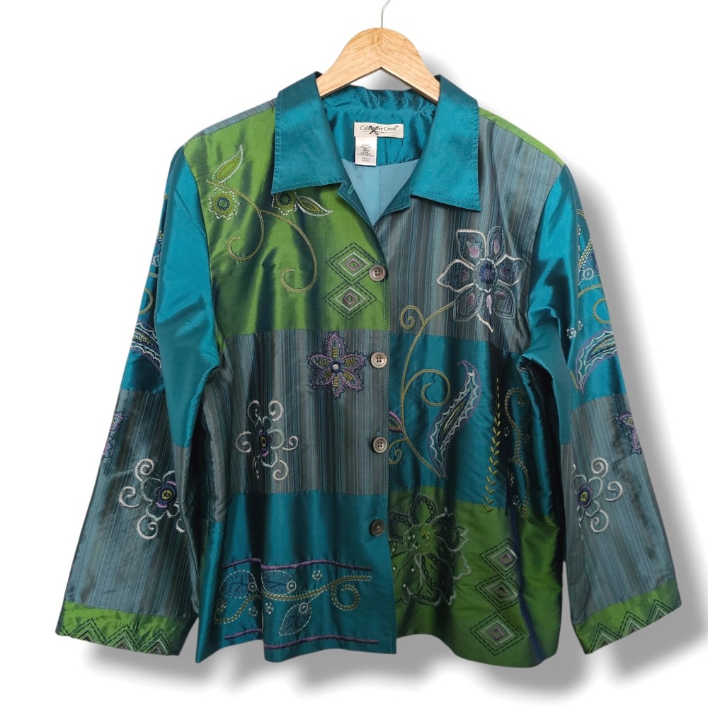 Coldwater Creek Silk Jacket L Women Teal Green Patchwork Embroidered Beaded Boho